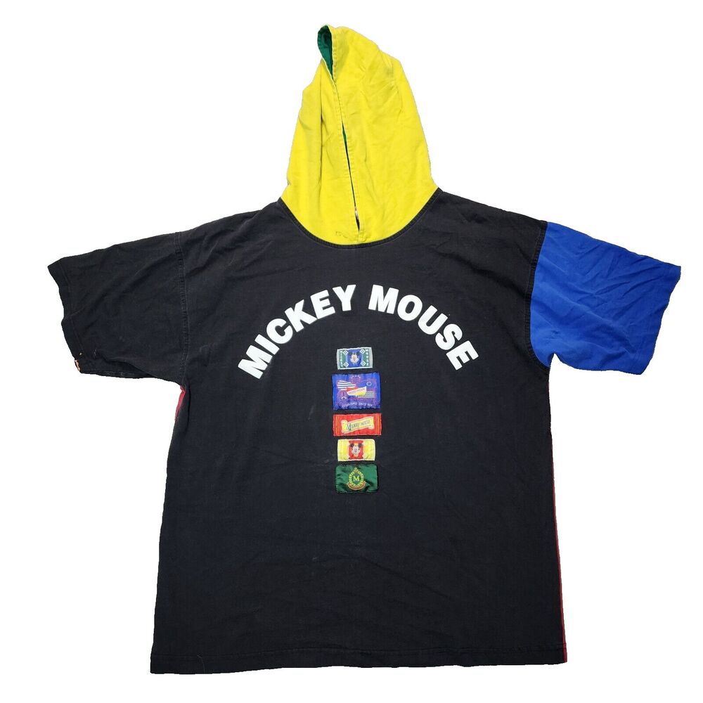 VTG Mickey Mouse Men's Multi Color Block Short Sleeve Hooded Shirt Size L / XL